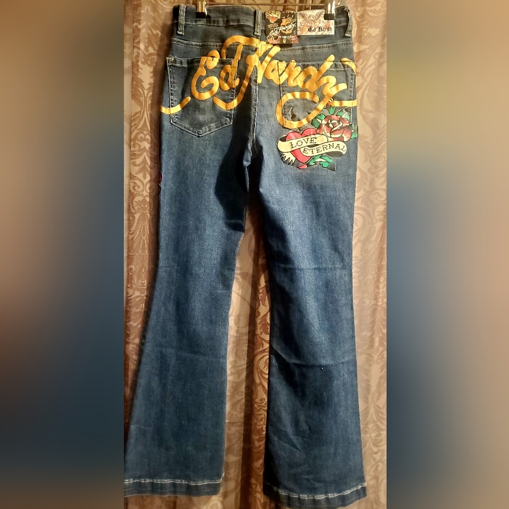 Ed Hardy Blue Flare Jeans with Yellow and Green Accents